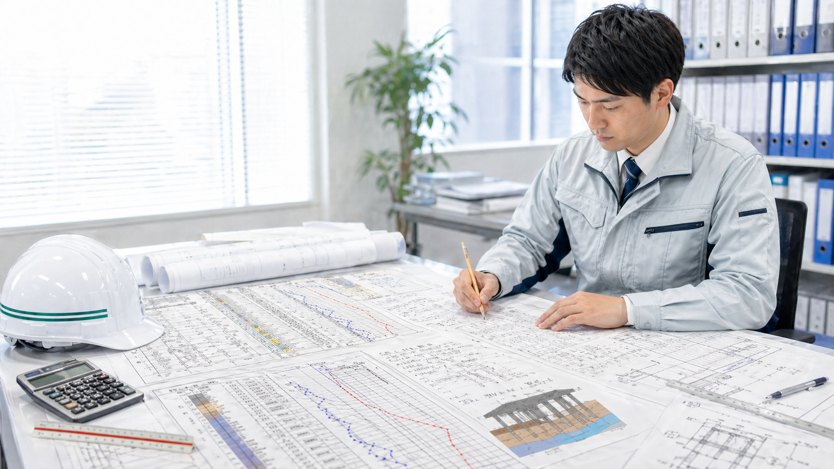地盤調査資料を確認しながら設計検討を行う担当者